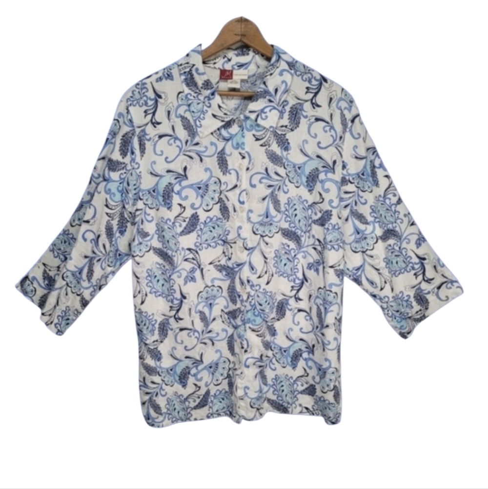 JM Collection 100% Linen Floral Print Blouse Size 16W Flawed Coastal Old Money